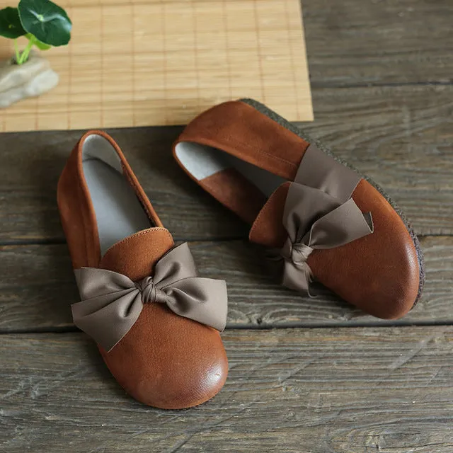 Babakud Women Spring Retro Butterfly Knot Leather Flats Loafers