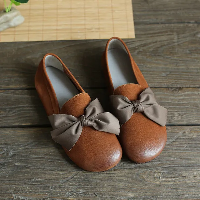 Babakud Women Spring Retro Butterfly Knot Leather Flats Loafers