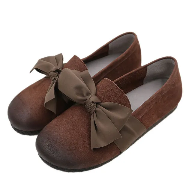 Babakud Women Spring Retro Butterfly Knot Leather Flats Loafers