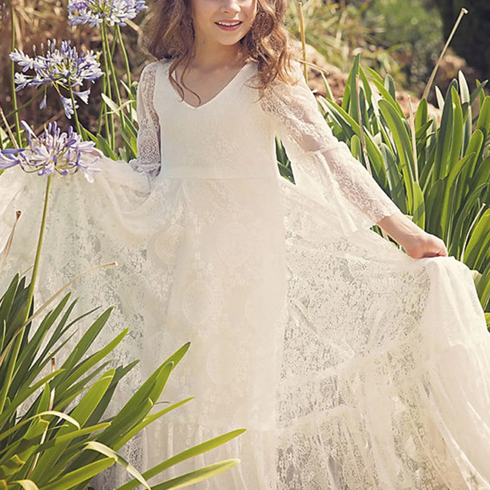 Kids Pageant Dresses Solid Color Three Quarter Mandarin Sleeve Sweet Maxi Dress