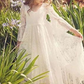 Kids Pageant Dresses Solid Color Three Quarter Mandarin Sleeve Sweet Maxi Dress