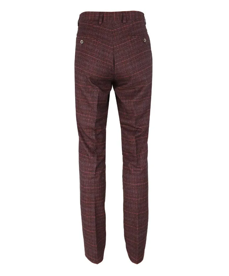 Men's Slim Fit Check Tweed Trousers - CARLY Wine - Wine