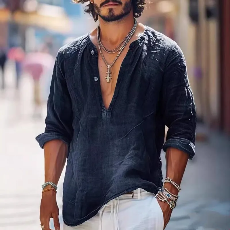 Men's Vintage Button V-Neck Long Sleeve Shirt 16011016Y