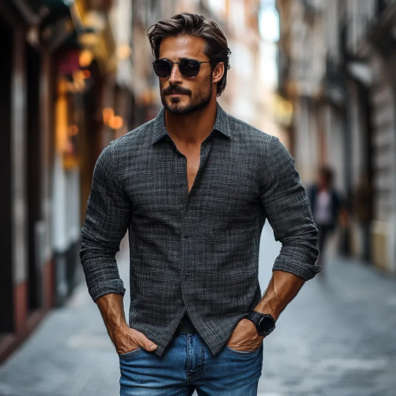 Men's Vintage Plaid Lapel Slim Fit Long Sleeve Shirt 88669401M