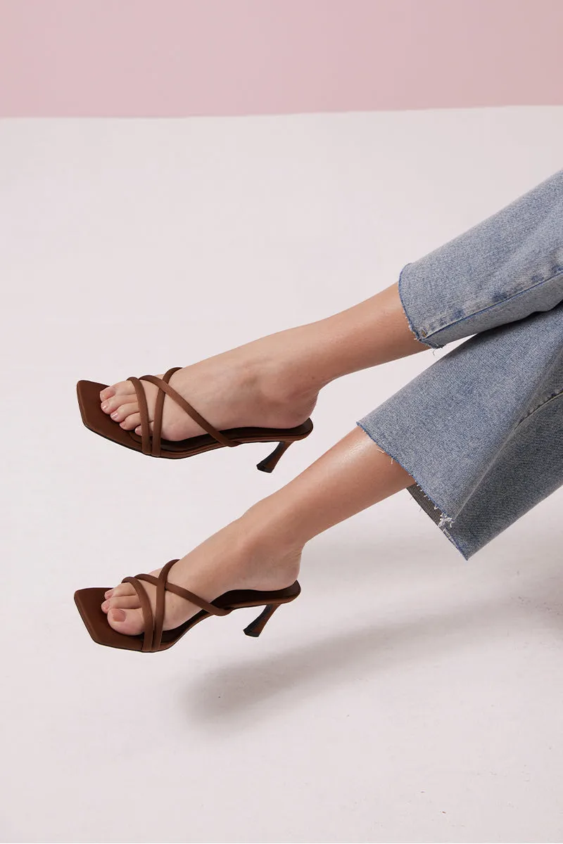Miki Strappy Heels in Cocoa Satin