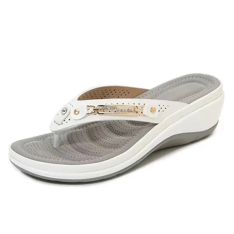 New Summer Fashion Metal Button Slides Wedge Beach Sandals