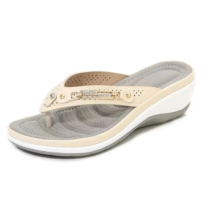 New Summer Fashion Metal Button Slides Wedge Beach Sandals