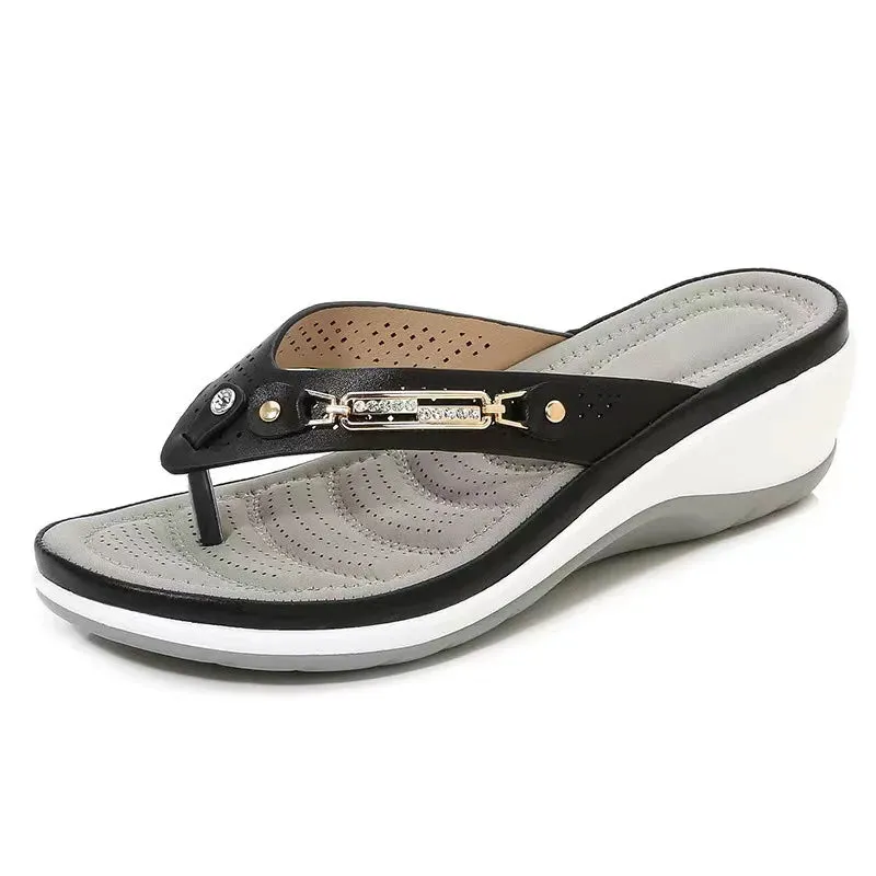 New Summer Fashion Metal Button Slides Wedge Beach Sandals