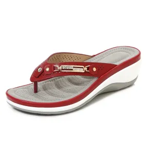 New Summer Fashion Metal Button Slides Wedge Beach Sandals