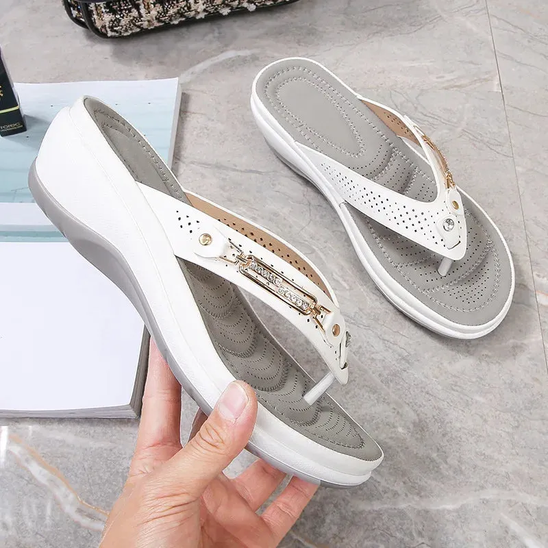 New Summer Fashion Metal Button Slides Wedge Beach Sandals