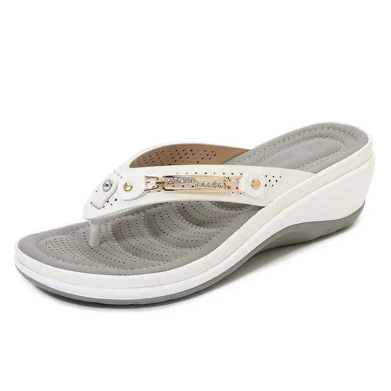 New Summer Fashion Metal Button Slides Wedge Beach Sandals