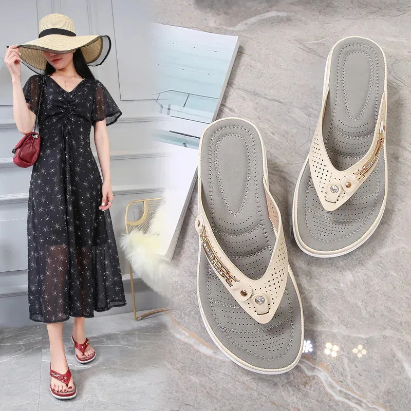 New Summer Fashion Metal Button Slides Wedge Beach Sandals