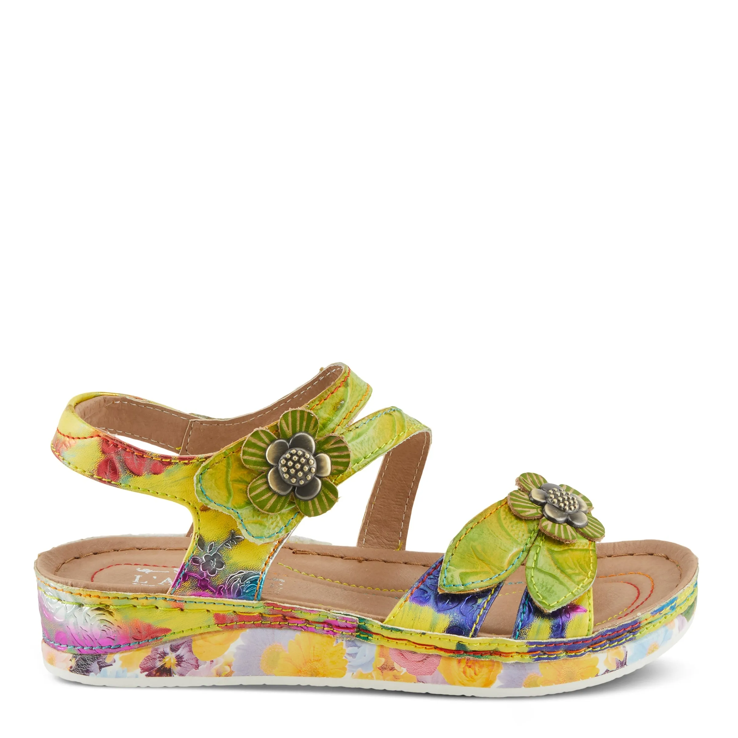 Spring Step Shoes  L'Artiste Calista Sandals Women’s Leather Floral Embellishments