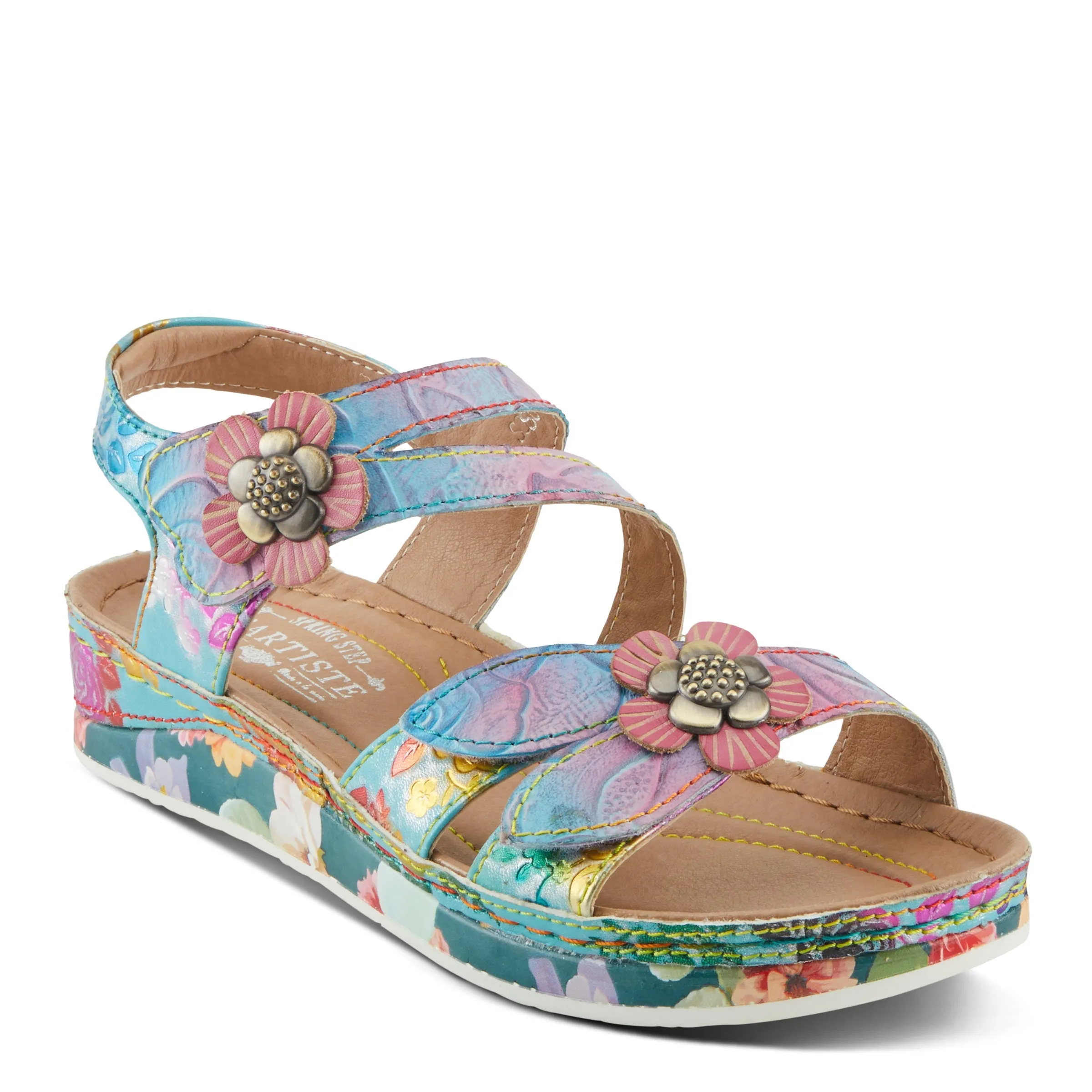 Spring Step Shoes  L'Artiste Calista Sandals Women’s Leather Floral Embellishments