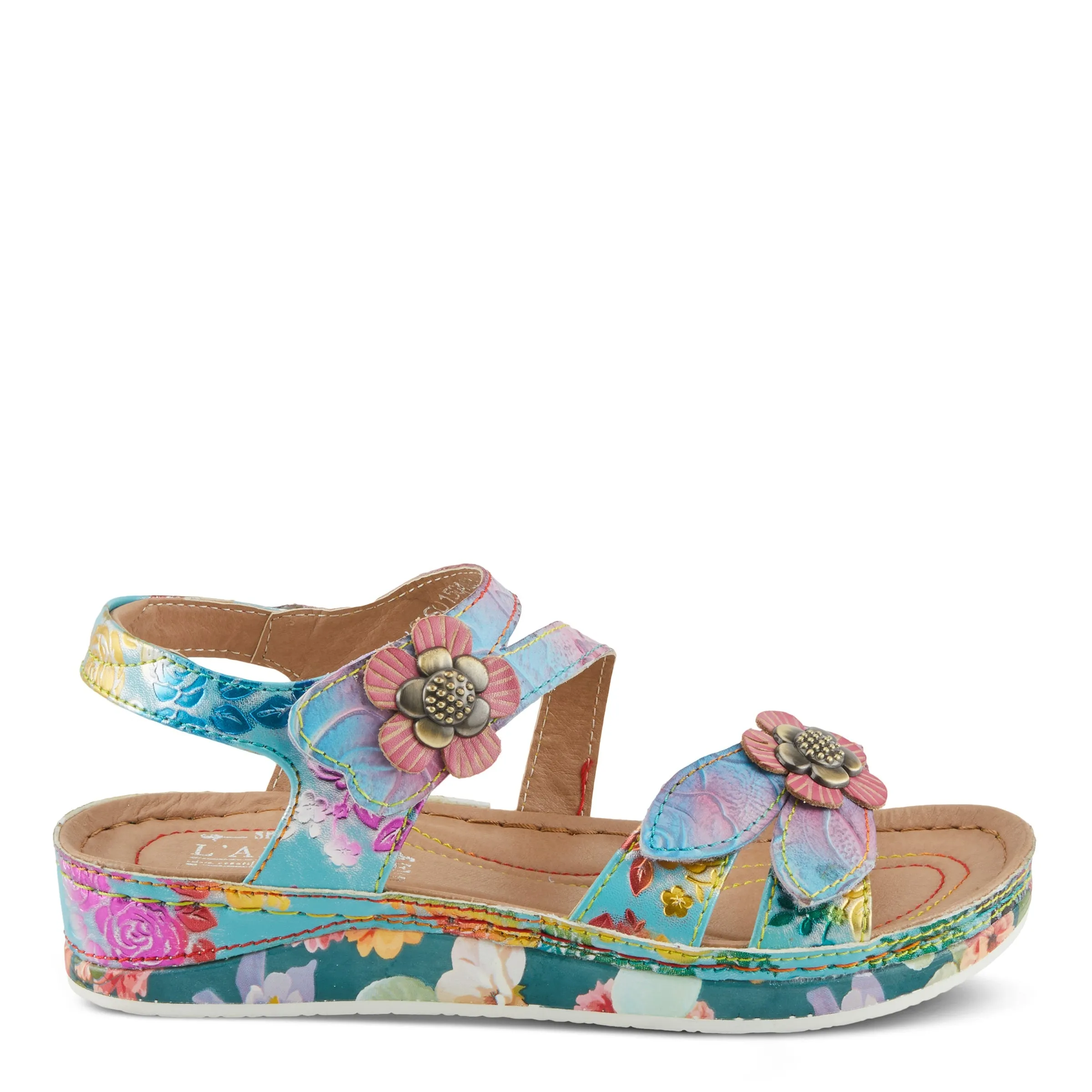 Spring Step Shoes  L'Artiste Calista Sandals Women’s Leather Floral Embellishments