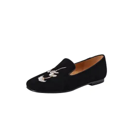 Women Spring Retro Embroidered Suede Loafers with Flat Sole
