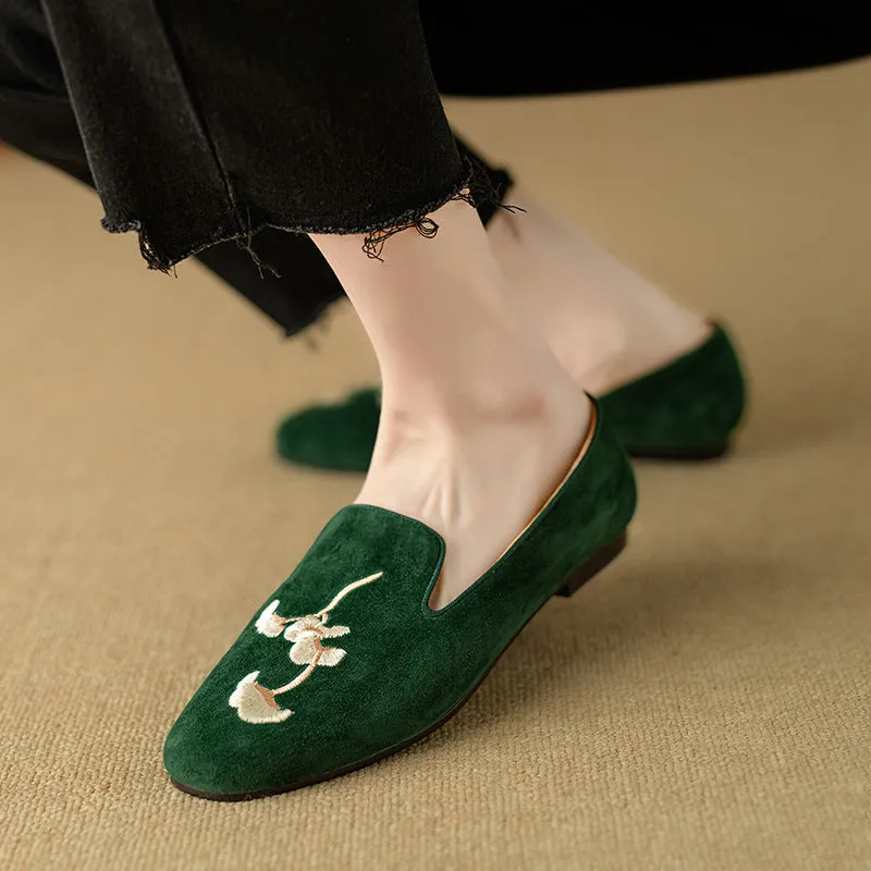 Women Spring Retro Embroidered Suede Loafers with Flat Sole