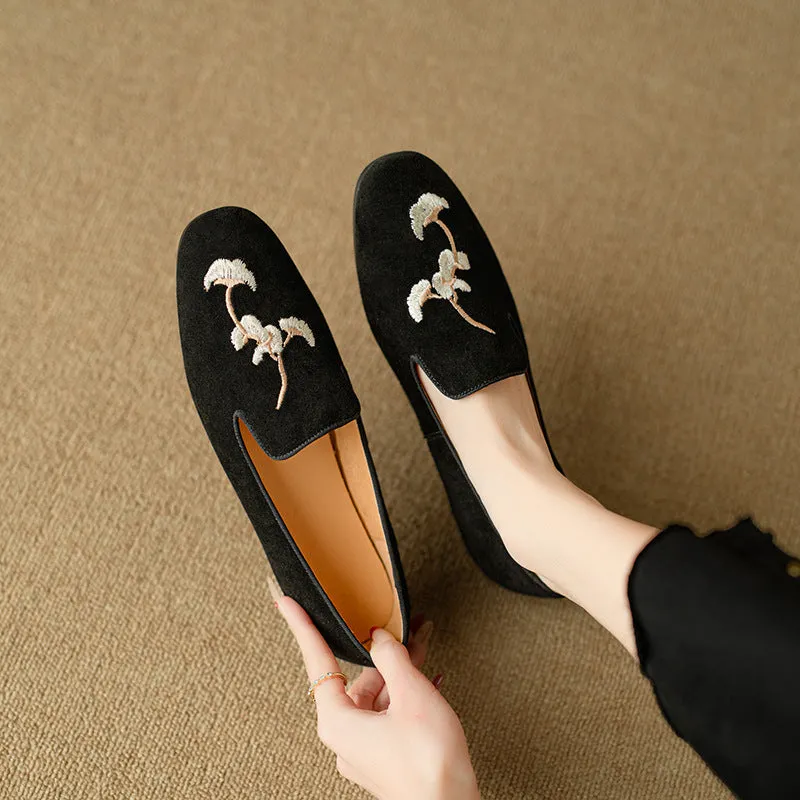 Women Spring Retro Embroidered Suede Loafers with Flat Sole