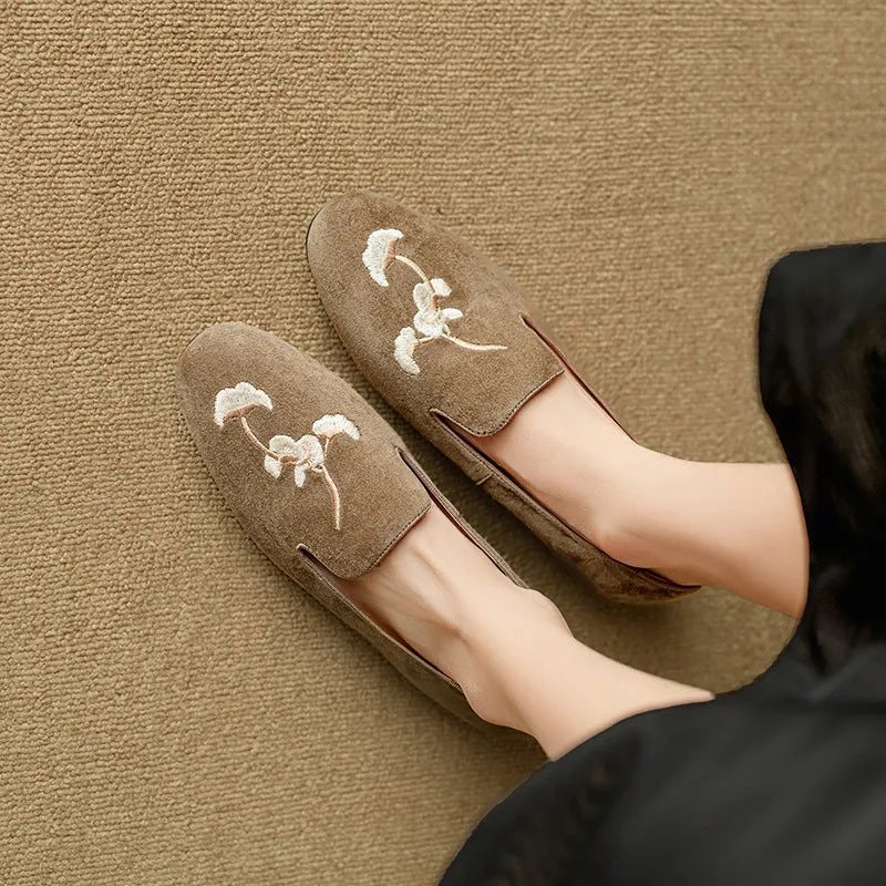 Women Spring Retro Embroidered Suede Loafers with Flat Sole