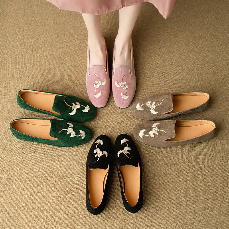 Women Spring Retro Embroidered Suede Loafers with Flat Sole