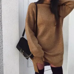 Women Winter Long Sleeve Mini Dress Casual Turtleneck Pullover Knee Length Sweatershirt