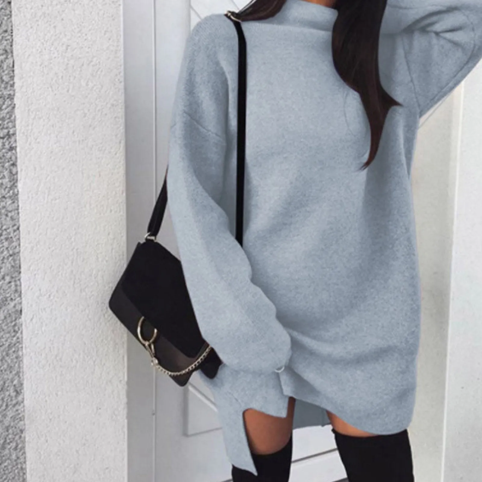 Women Winter Long Sleeve Mini Dress Casual Turtleneck Pullover Knee Length Sweatershirt
