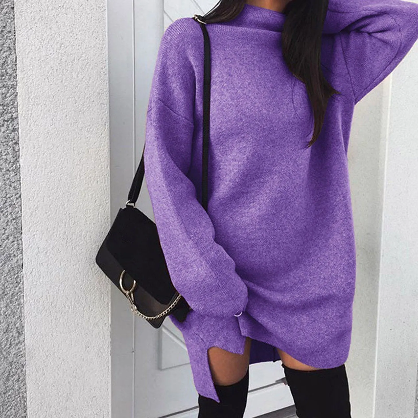 Women Winter Long Sleeve Mini Dress Casual Turtleneck Pullover Knee Length Sweatershirt