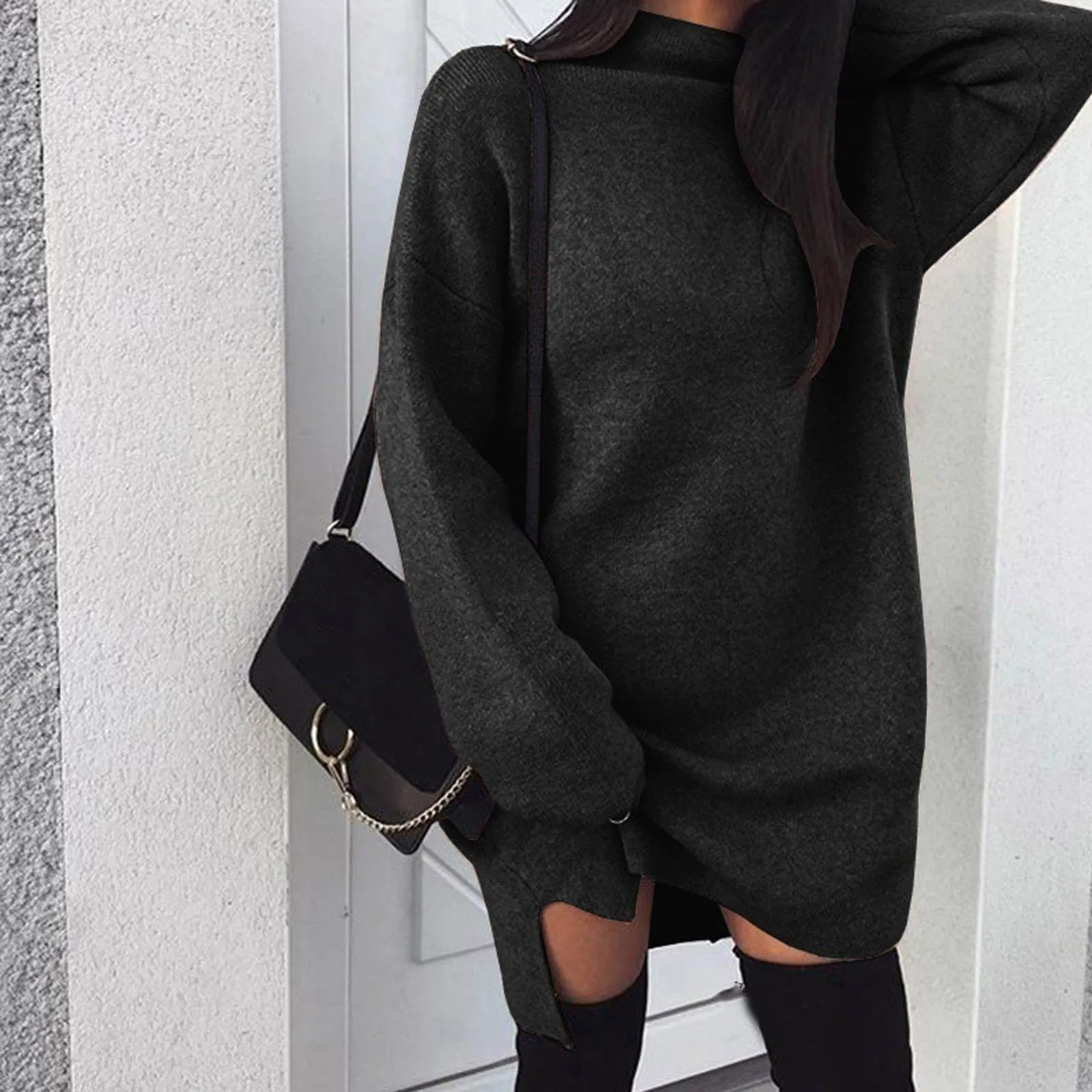 Women Winter Long Sleeve Mini Dress Casual Turtleneck Pullover Knee Length Sweatershirt