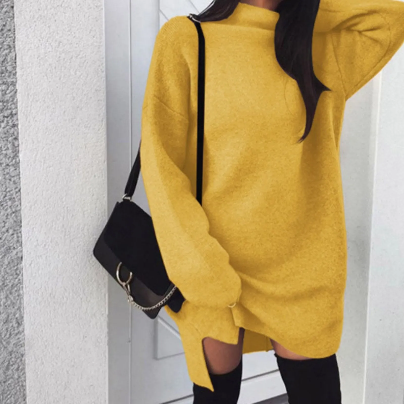 Women Winter Long Sleeve Mini Dress Casual Turtleneck Pullover Knee Length Sweatershirt