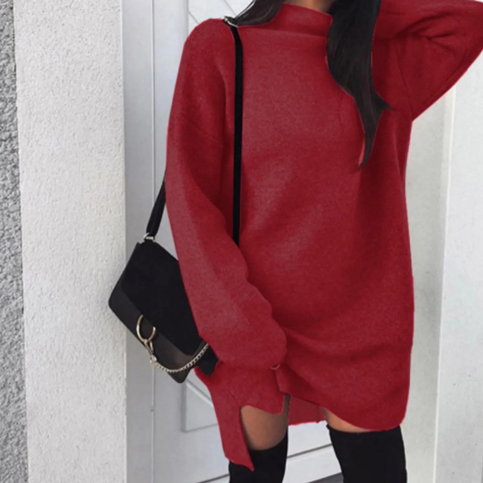 Women Winter Long Sleeve Mini Dress Casual Turtleneck Pullover Knee Length Sweatershirt