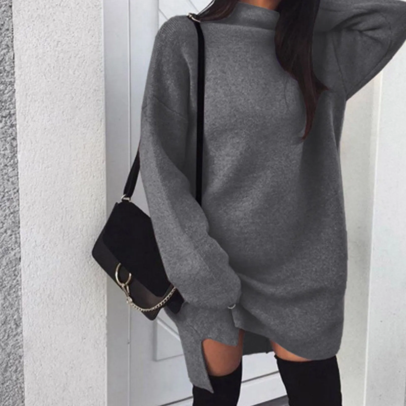Women Winter Long Sleeve Mini Dress Casual Turtleneck Pullover Knee Length Sweatershirt